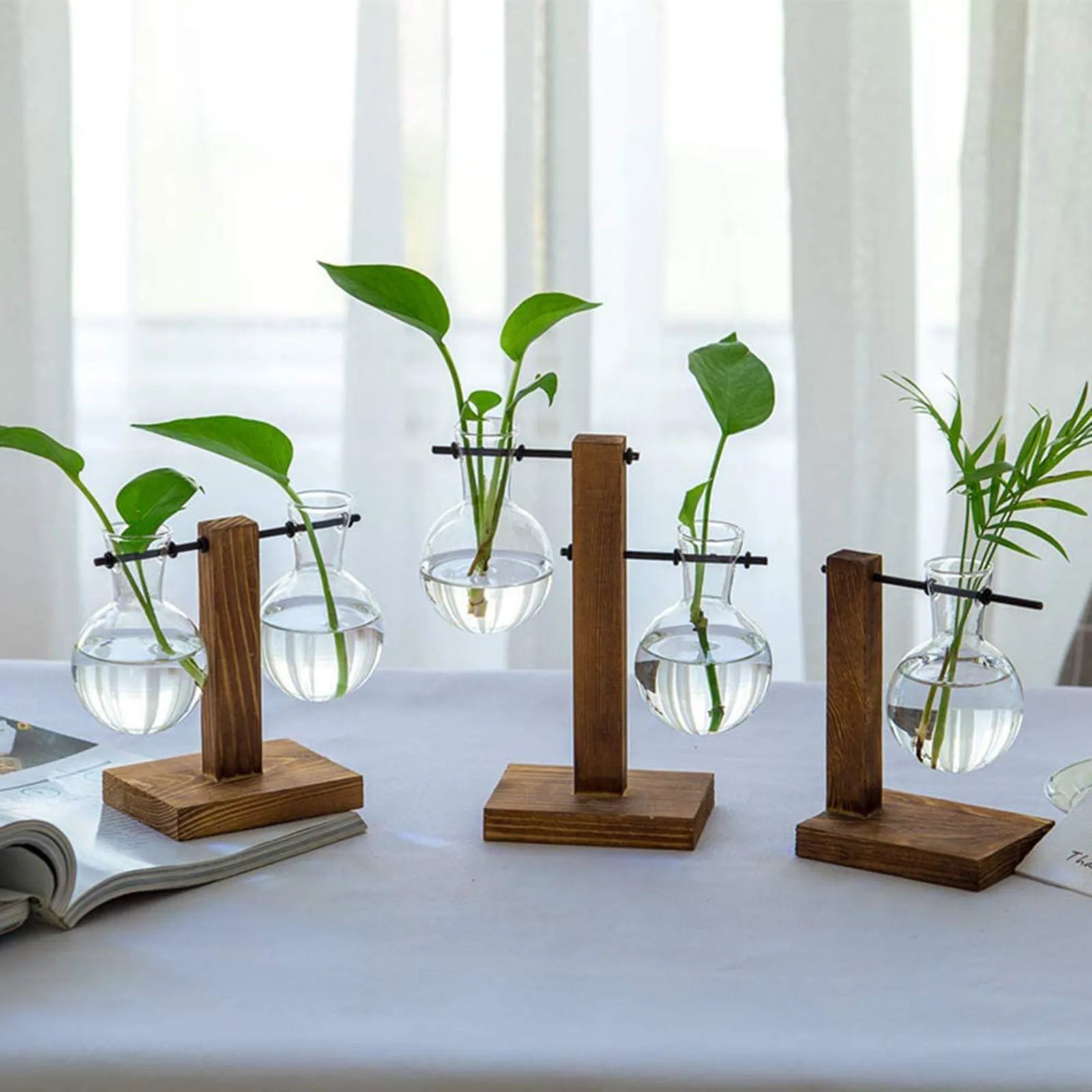 Banord Desktop Plant Terrarium Glass Planter Bulb Vase with Retro Solid Wooden Stand for Hydroponics Plants Home Garden Wedding 2 Bulb Vase