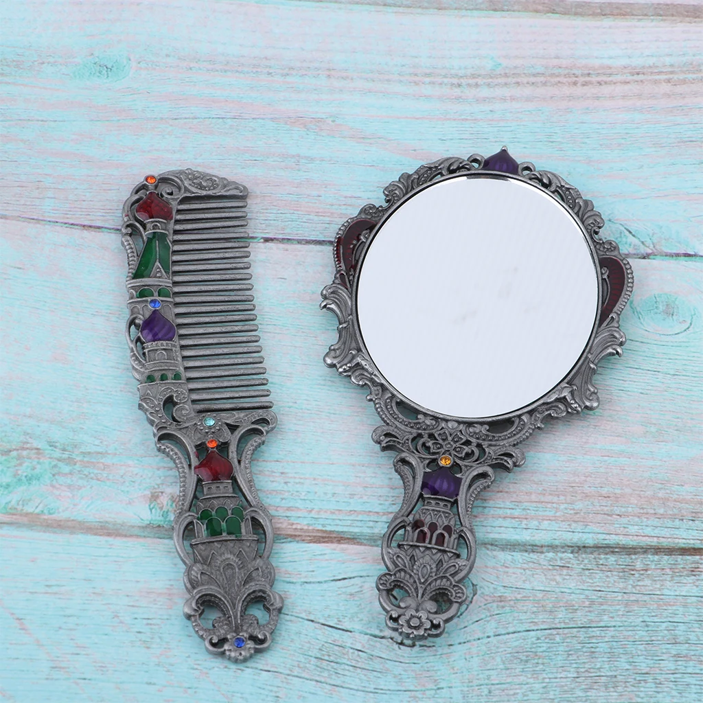 Vintage Metal Castle Pattern Mirror and Comb Set Portable Vanity Beauty Tool Gifts