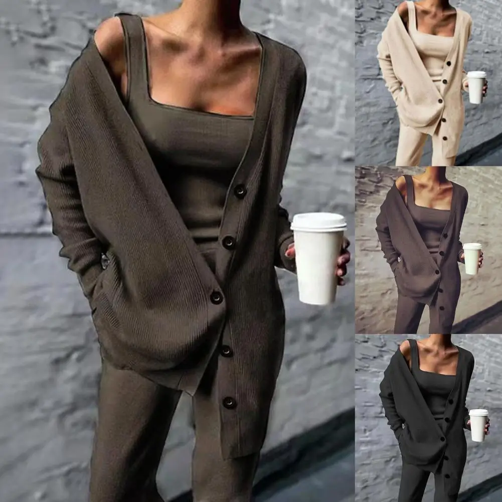 1 Set Vest Coat Pants Set Solid Color Knitted Three-piece Single-breasted Cardigan Sweater Trousers Vest for Daily Wear pant suits for older ladies