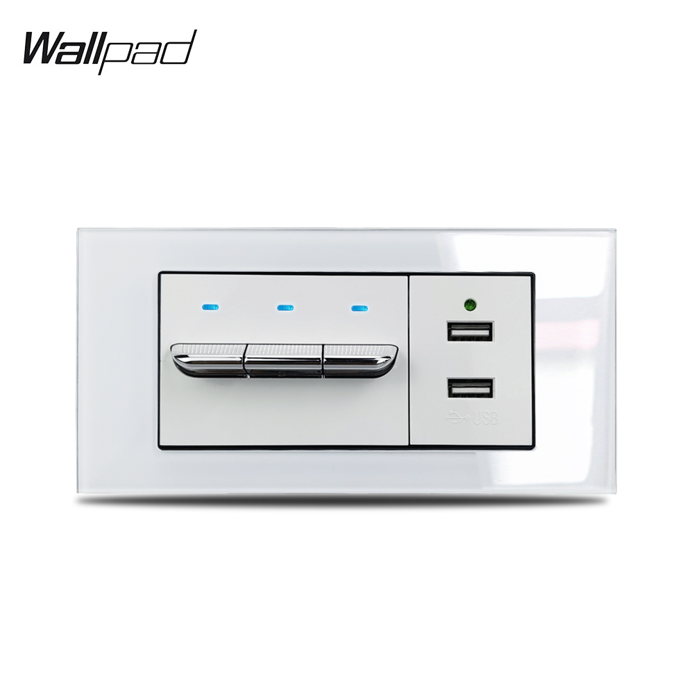 153*75mm 3 Gang Kippschalter und USB Buchse Wallpad L3 Weiß Glas Panel 16A 3 Licht Taste und Doppel USB Ladegerät mit LED – Detail 1