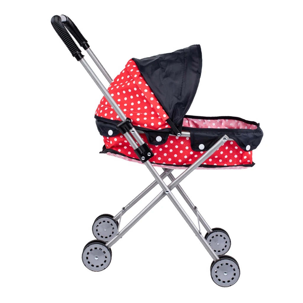 Foldable Dotted Baby Doll Stroller Trolley w/ Basket Hood for Toddlers Kids Gift