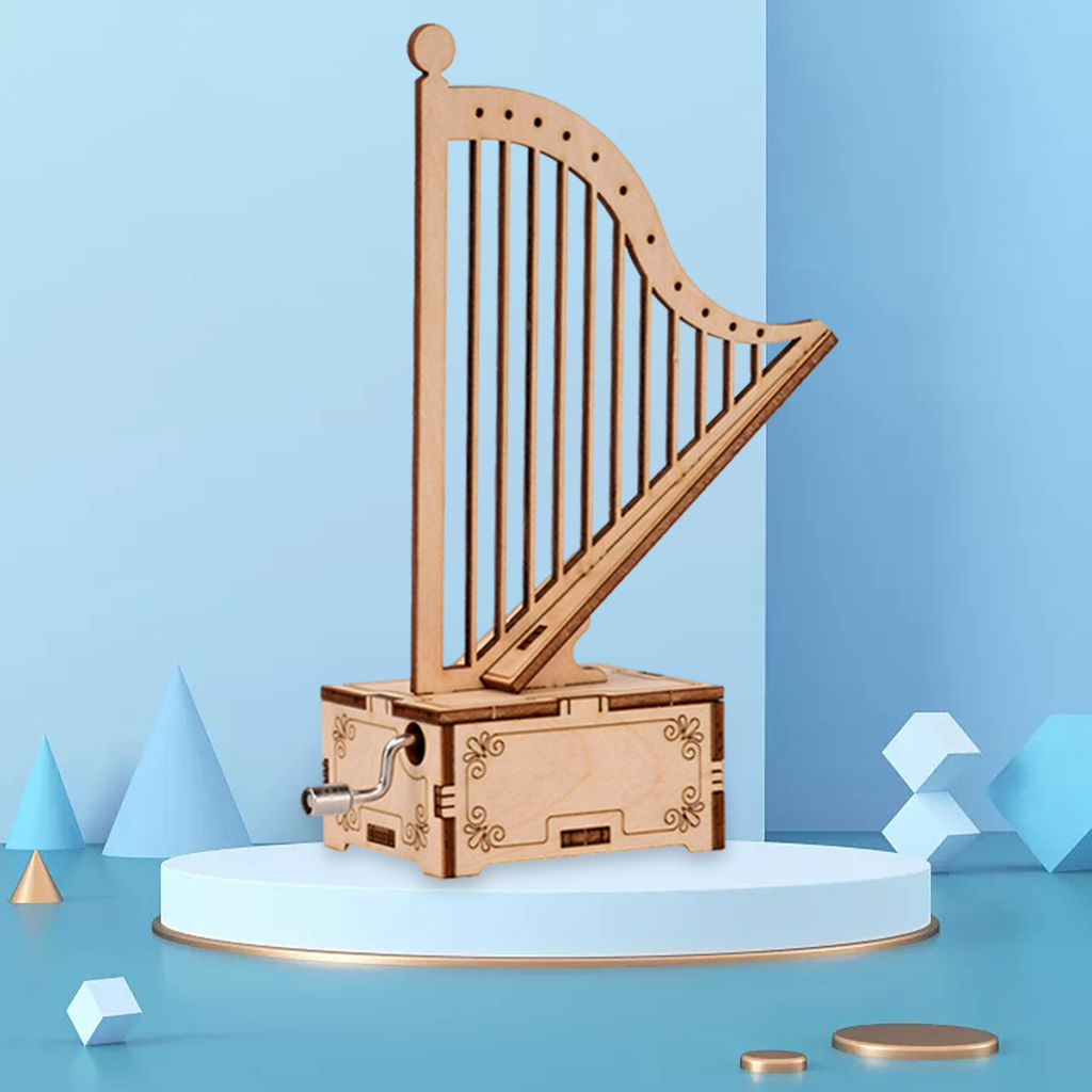 3D Retro Wooden Puzzle Hand Crank Shape Harp Wooden Music Box