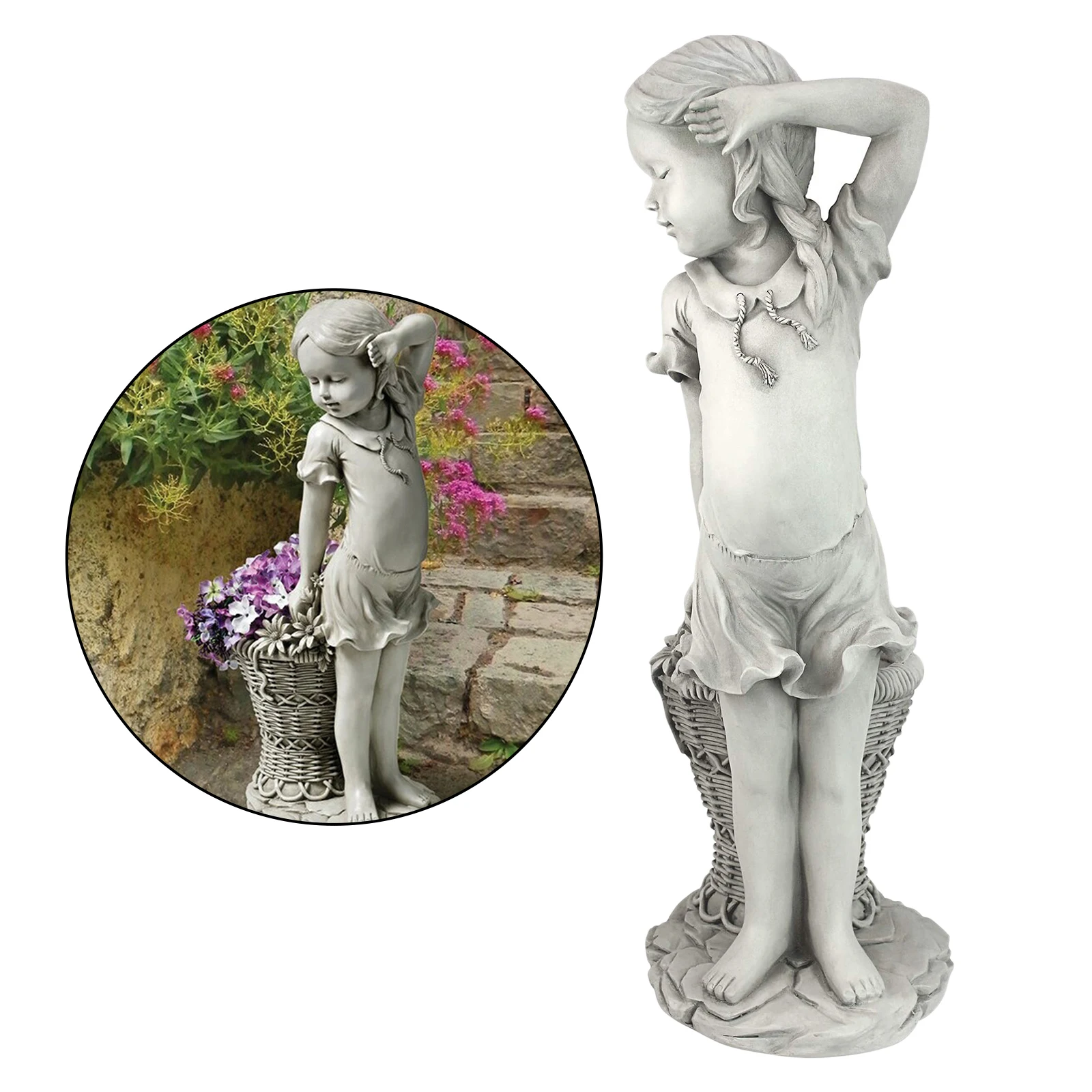 Flower Girl Statue Adorable Child Outdoor Sculpture Garden Yard Decor Ornament Antique Stone