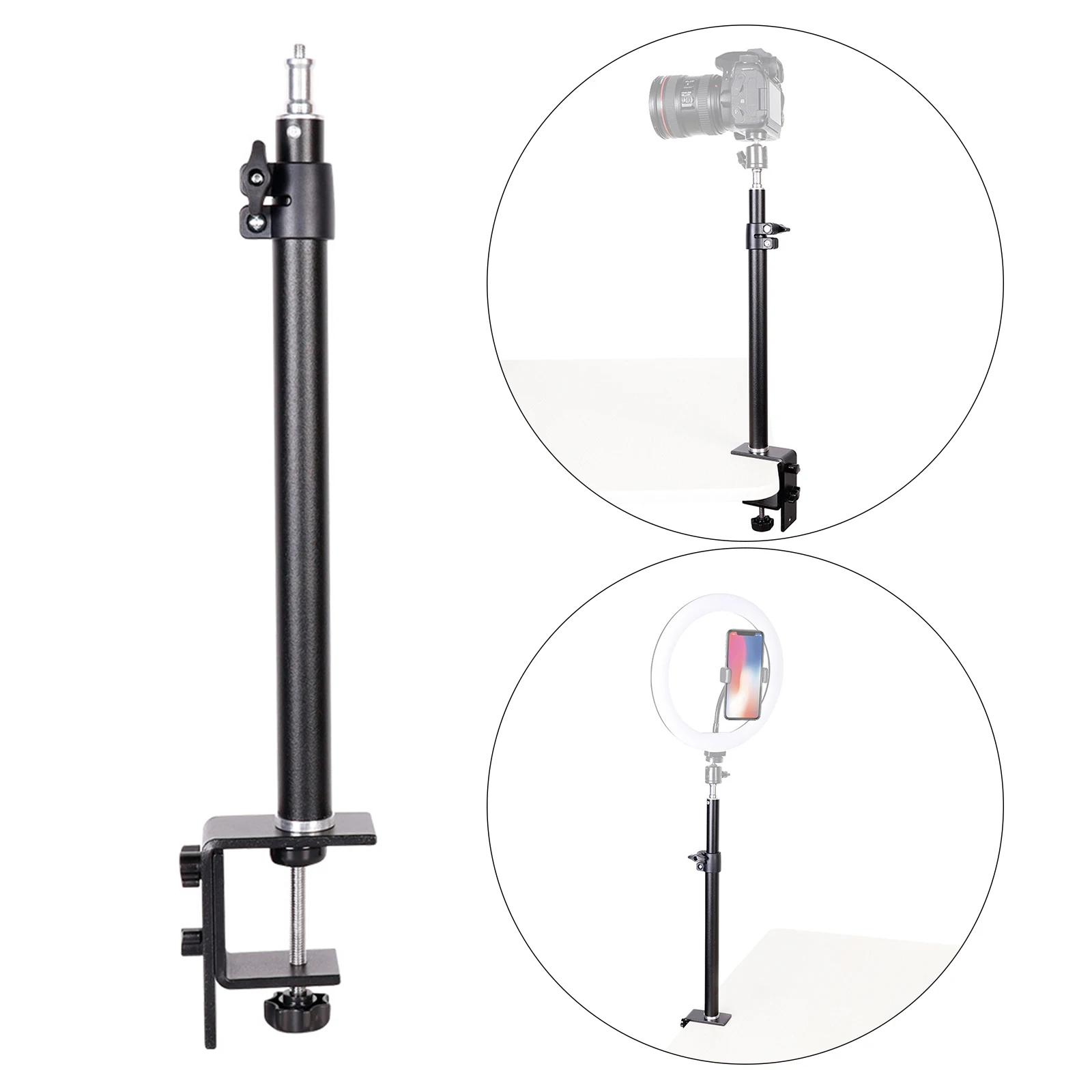 46-74cm Adjustable Tabletop C Clamp Desk Camera Mount Stand with 1/4 Screw for DSLR Camera Ring Light Camcorder Black
