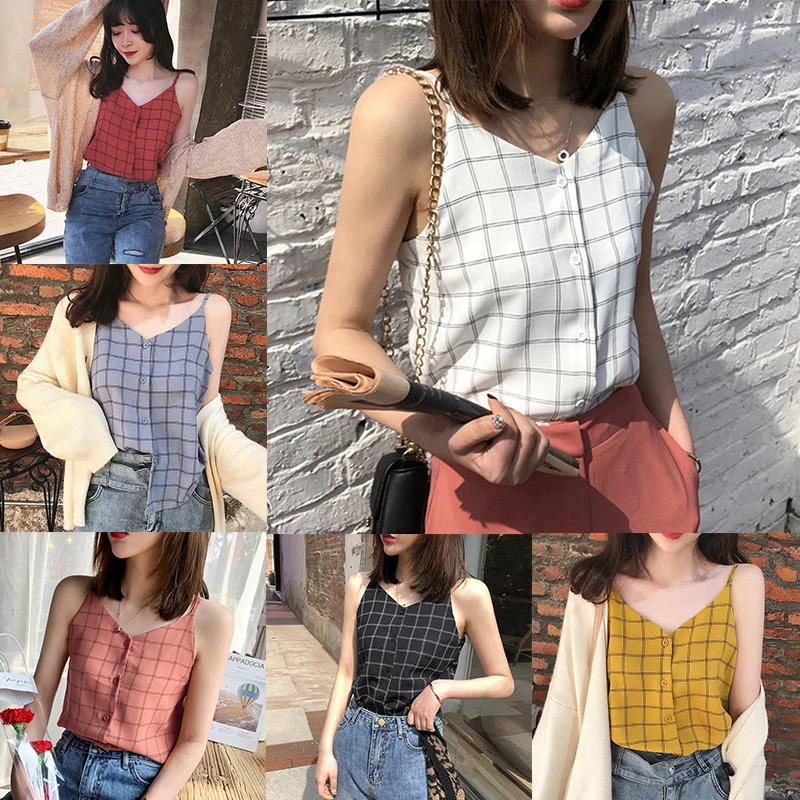 Chiffon Plaid Camisoles For Women Single Breasted V-neck Casual Camis Vintage Loose Womens Fashion Tank Top Chic long camisole