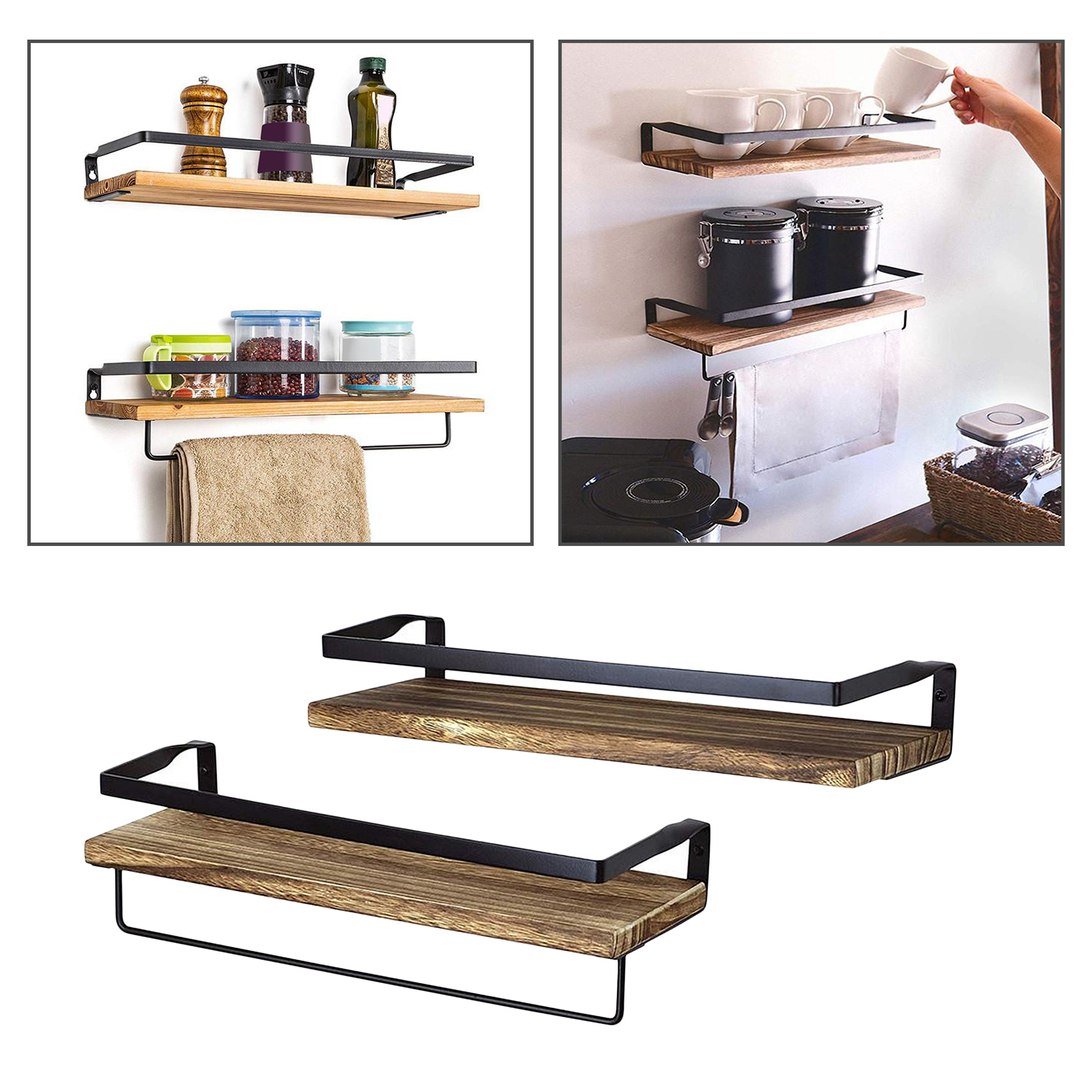 Wood Wall Storage Shelves Set of 2, Kitchen Bathroom Decorative Floating Shelves Wall Mounted, Bedroom Living Room Display Rack
