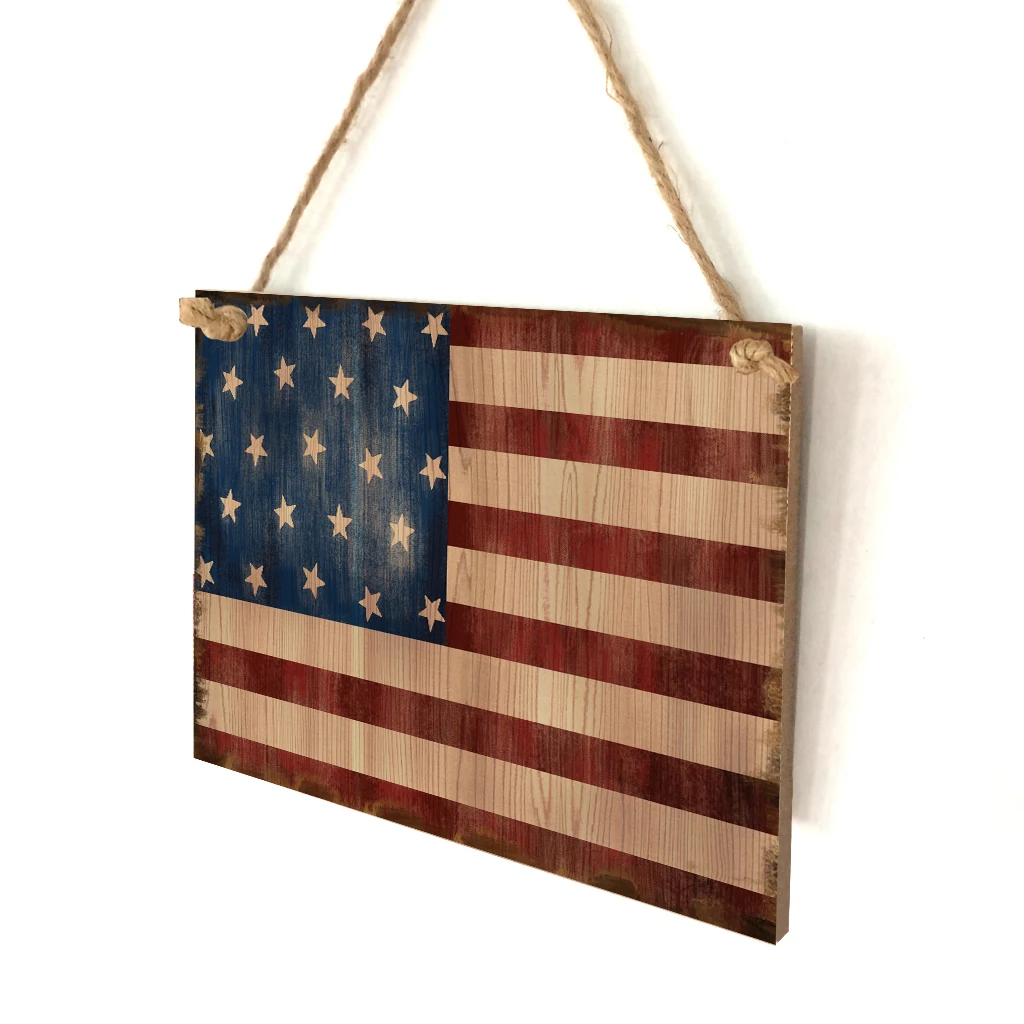Decorative Wood Signs - Hanging Wooden Plaques With Rope, Natural Wood Signs, Decorative Home Door Wall Signs - America Flag
