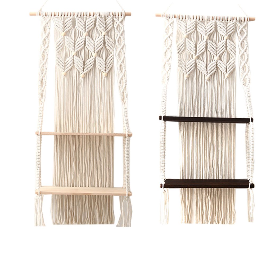 Bohemian Handwoven Tapestry Wall Hanging Shelf Decor 2 Tiers for Living Room Bedroom Picture Frame Home Storage Organizer