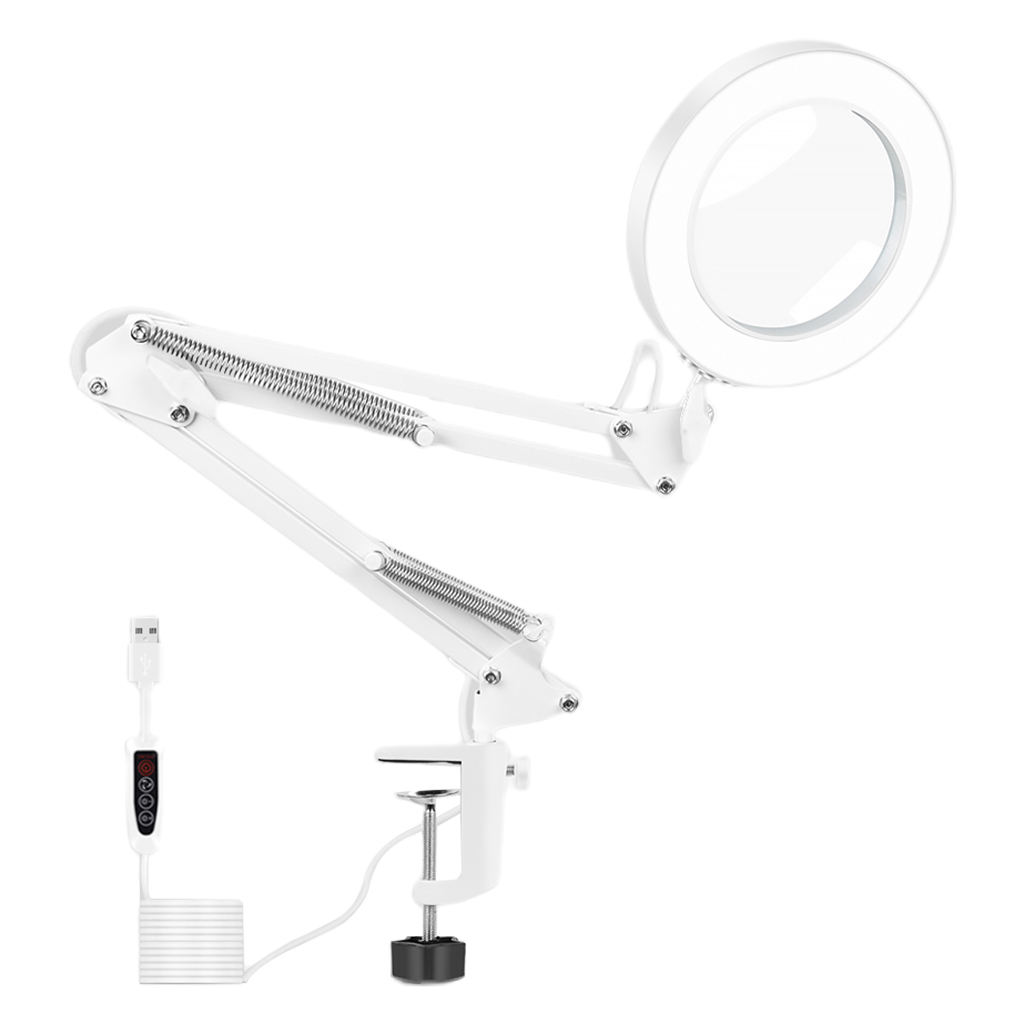 LED Reading Lamp 5X Magnifying Glass Light Clamp on Magnifier Lens Flexible Adjustable Swivel Arm 105mm Diamter, Clamp on