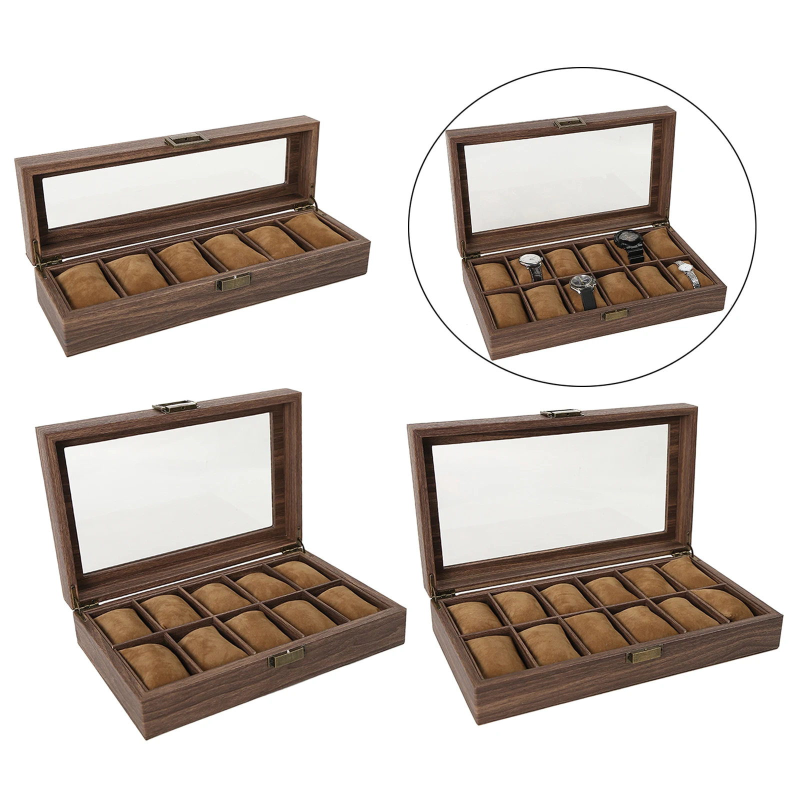Portable Luxury Wooden Watch Box Men Jewelry Rings Case Organizer Glass Top