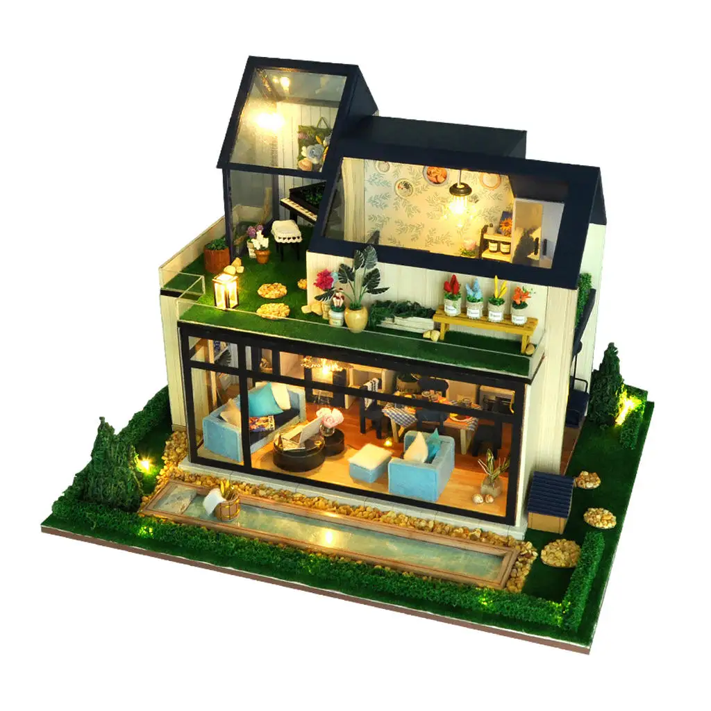 DIY Dollhouse Set, Wooden Tiny with LED Crafts Fairy Garden House Model, Furniture Kit, Building Kits, for Xmas Gift Landscape