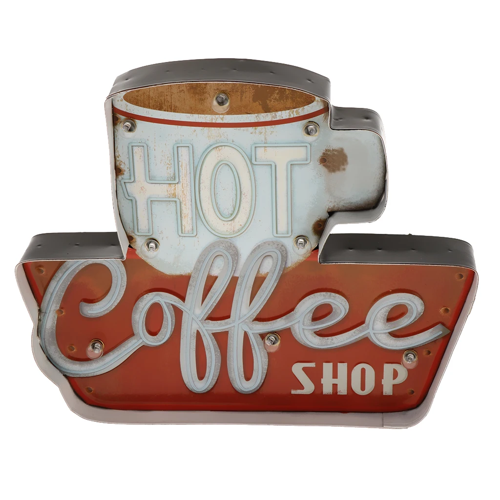 Vintage Coffee Metal Tin Sign, LED Light Antique Plaque Poster for Kitchen, Home, Cafe Wall Decor