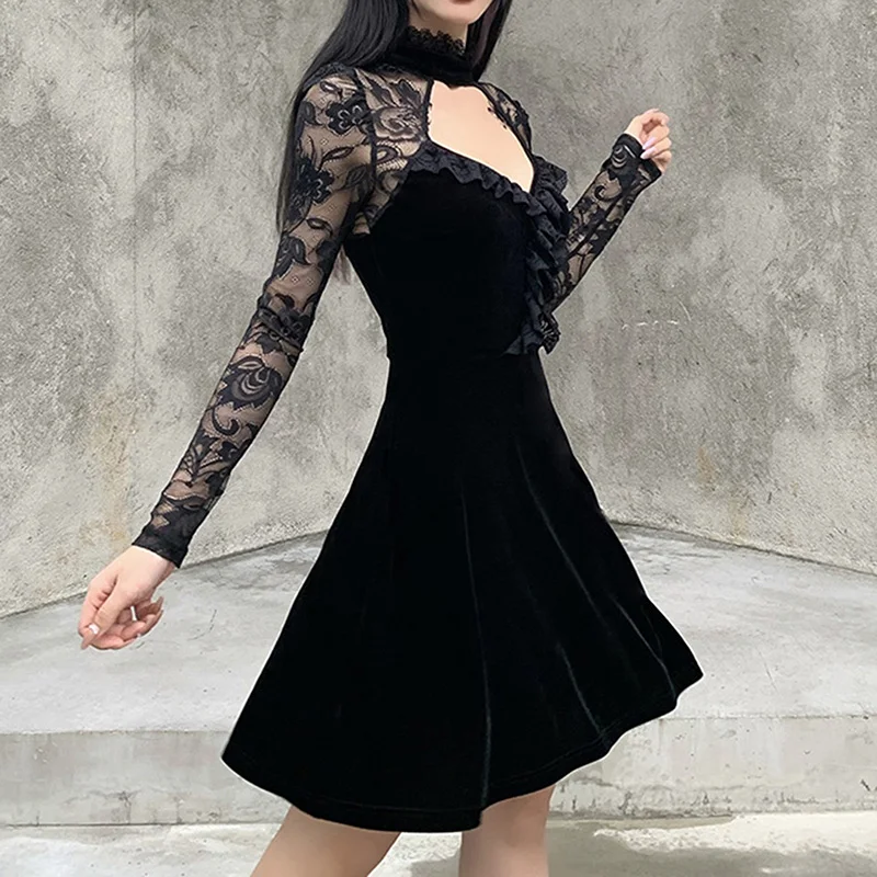 Punk Gothic Mini Dress Elegant Lady Velvet Black Lace Pathwork Long Sleeve High Waist A-line Dress Women Mall Grunge Clothes