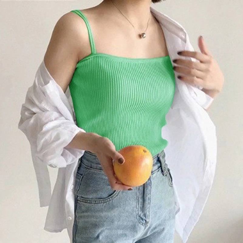 long camisole Women Sexy Double Spaghetti Straps Tops Sleeveless Summer Casual Solid Knitted Camisole Hot Sale green cami