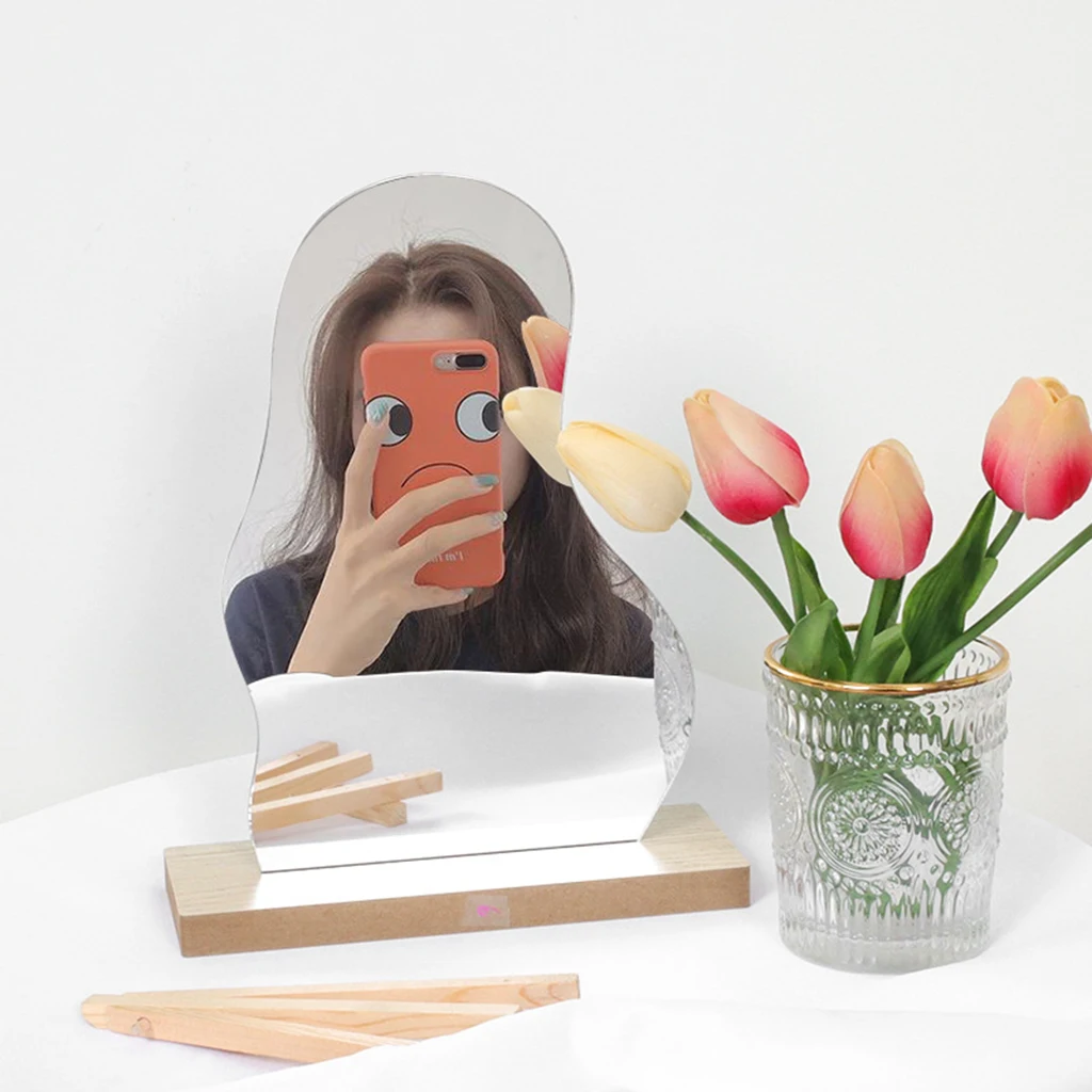 Frameless Irregular Acrylic Makeup Mirror Vanity Decorative Mirror Wooden Base for Bedroom