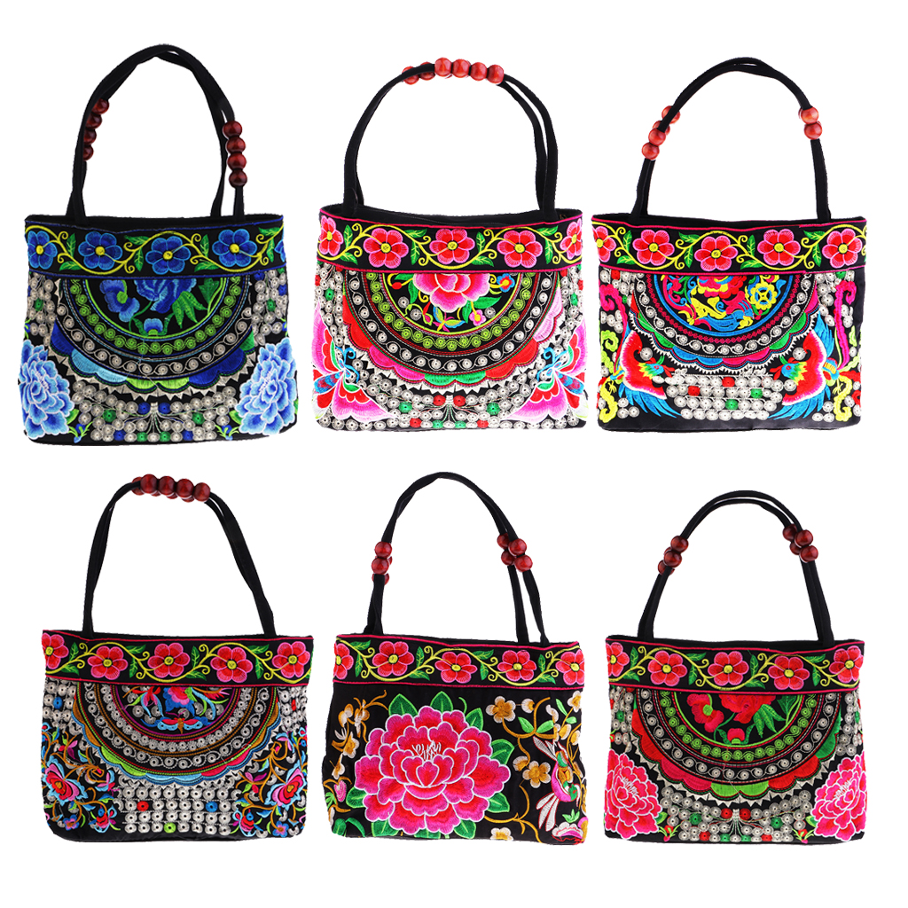 Floral Embroidery Travel Shoulder Bag - Boho Double-side Embroidered Flower Canvas Bag for Women