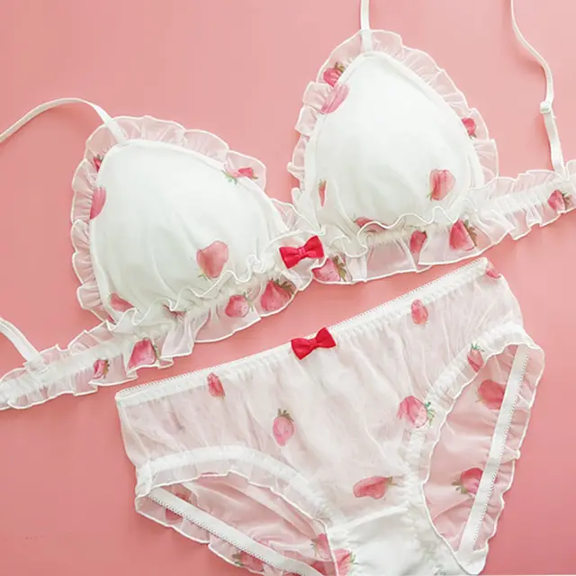 Japanese Kawaii Girl Bras Set Sweet Pink White Strawberry Cute