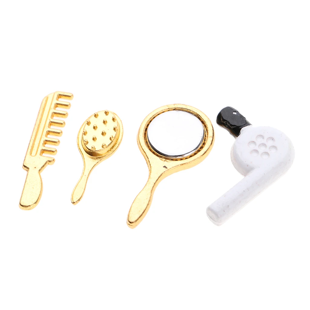 1/12 Dollhouse Miniature Practical Bathroom Accessory Comb Hair Dryer Mirror