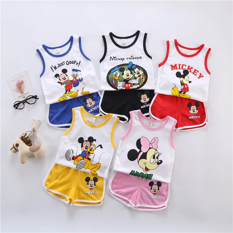 New Boys and Girls Mickey Cartoon Sleeveless Two-piece Children's Vest Shorts Suit Baby Cotton Sweat-absorbent Sports Suit warm Baby Clothing Set