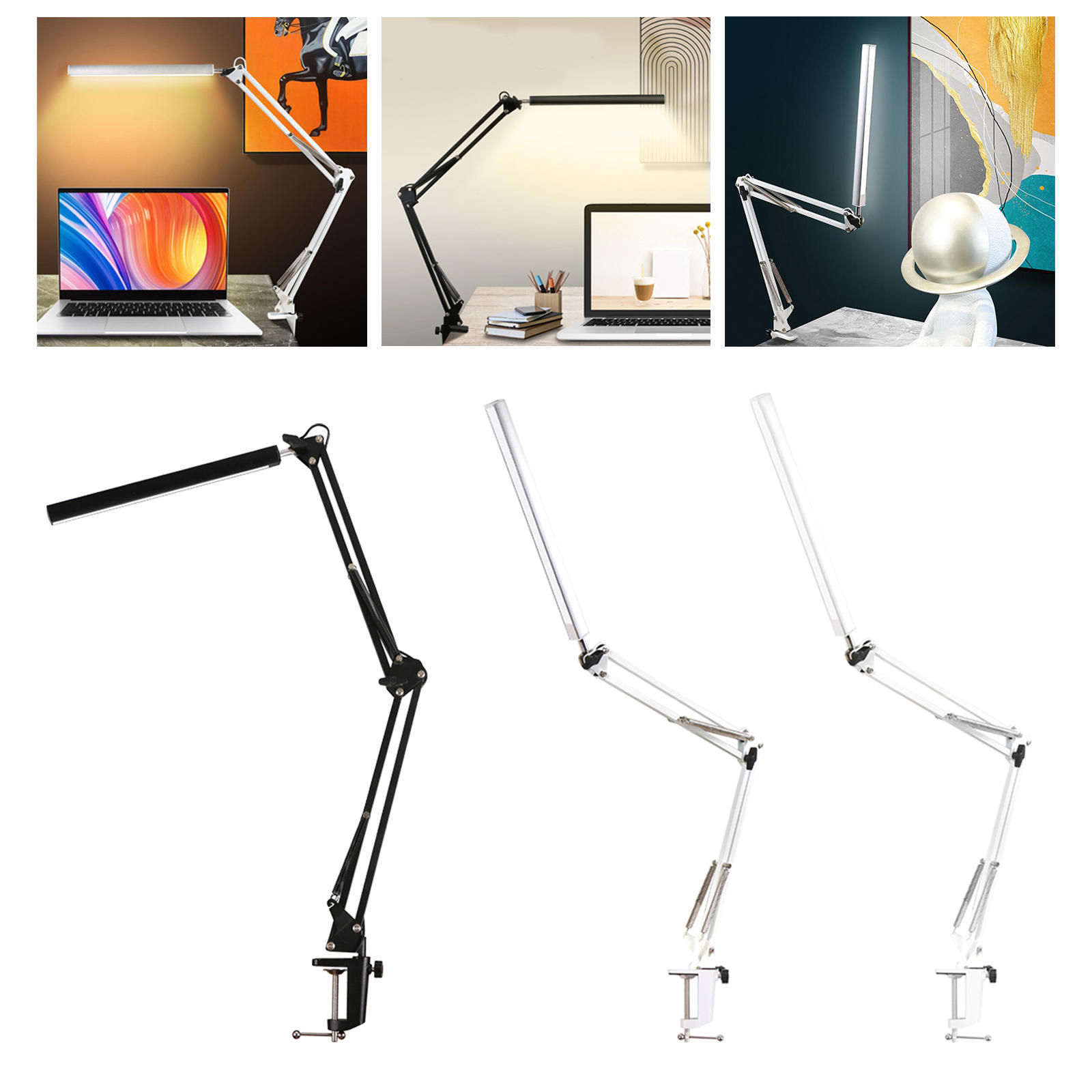 LED Desk Lamp with Clamp, Swing Arm Desk Lamp, Eye-Caring Dimmable Desk Light 10 Brightness Level, 3 Light Mode for Home Office