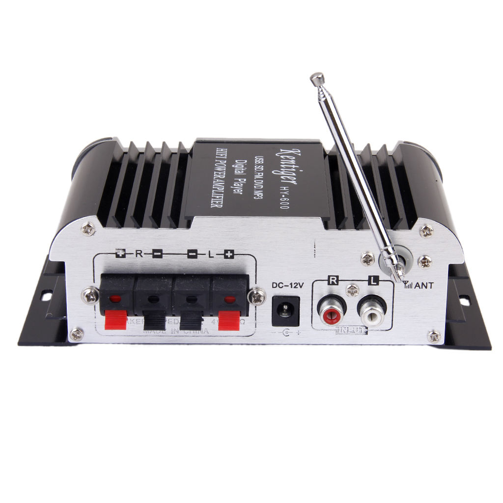 12V HY-600 2CH Mini Stereo Microphone Power Amplifier 20Wx2 USB SD FM Black