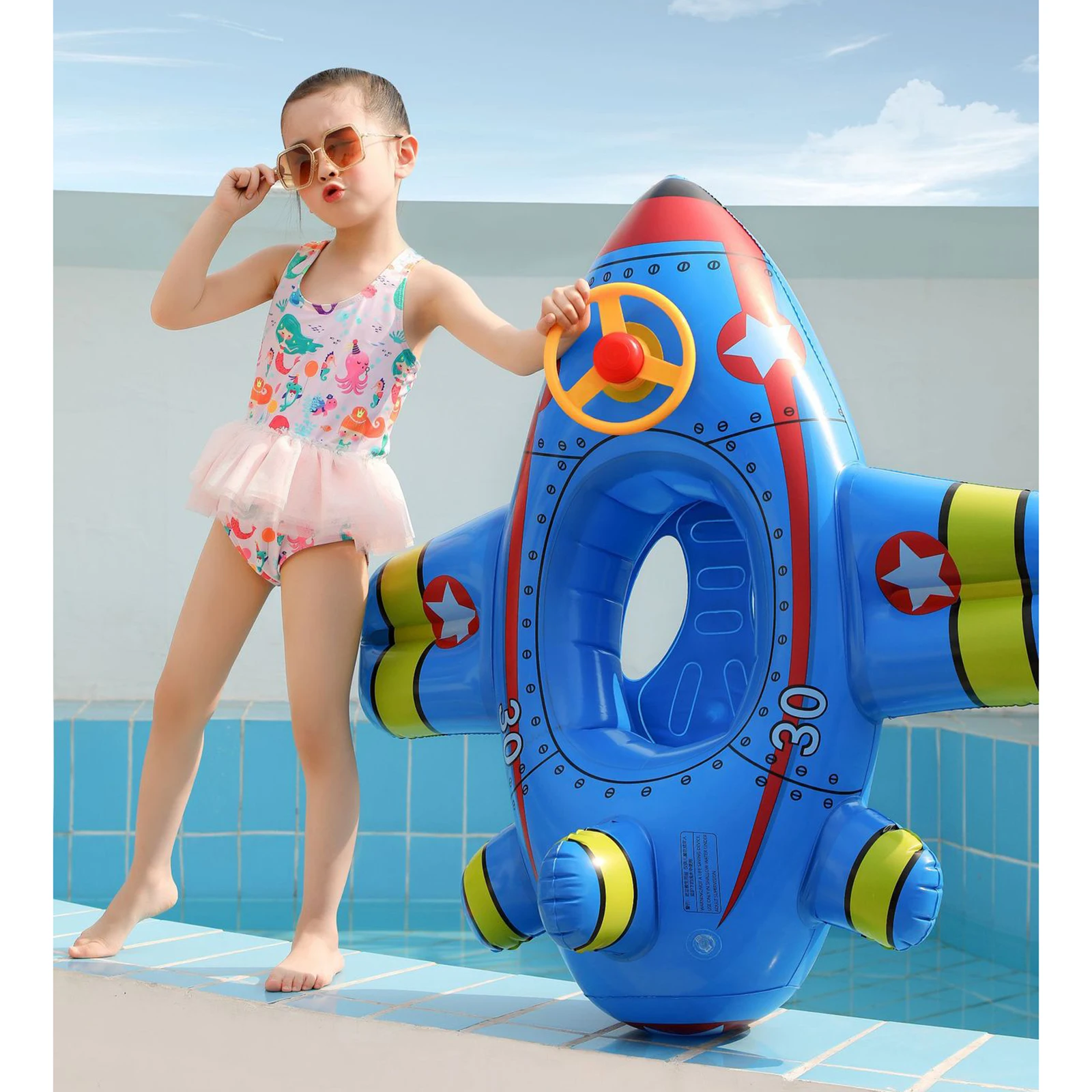 Aircraft Shape Inflatable Toddler Baby Swim Float Kid Swimming Pool Seat w/ Steering Wheel