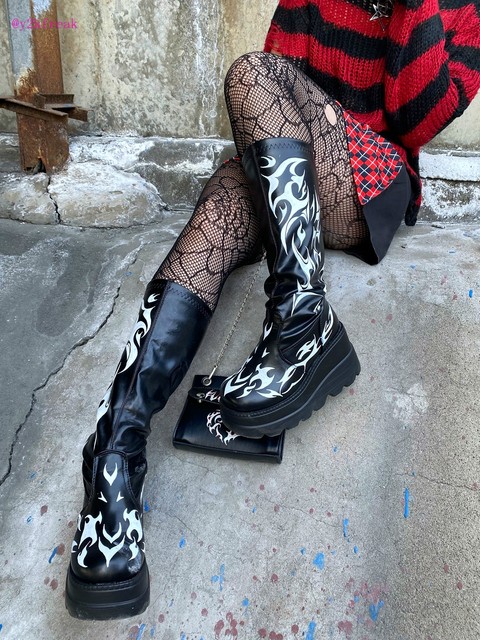 Y2k Grunge Boots Punk Goth Fireworks Platform Boots Chunky Heel Wedge Women  Boots Thick Bottom Winter Shoes Egirl Knee High - Shoes - AliExpress