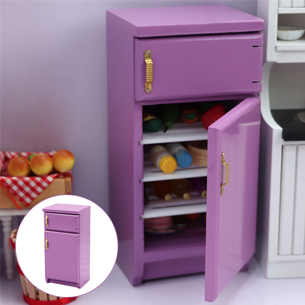 Purple 1/12 Miniature Wooden Fridge Dollhouse Accessory Kitchen Furniture