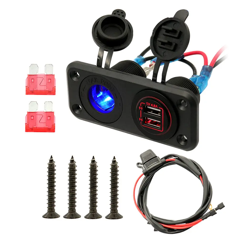 Car Motorcycle 12V-24V USB Charger Socket Panel for Boat / Marine / Mobile Phones, Red LED Lights