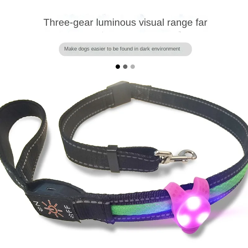 Un collar para perros con luz LED incorporada. El collar tiene una correa negra con hebilla y un anillo en D de metal para sujetar una correa.