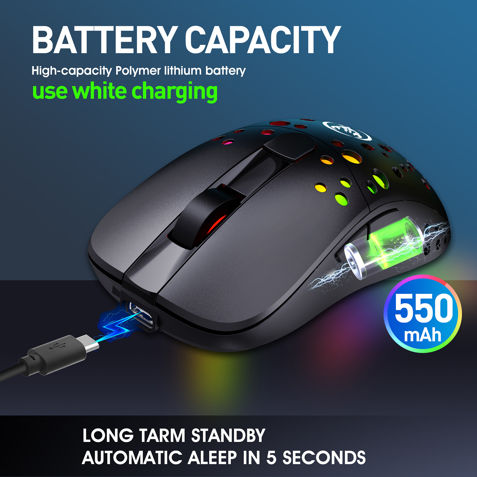 Type-C Wireless/Wired Mouse Dual Modes Rechargeable Gaming Mouse Adjustable DPI up to 10000 DPI for PC Laptop Gamer 550mAh