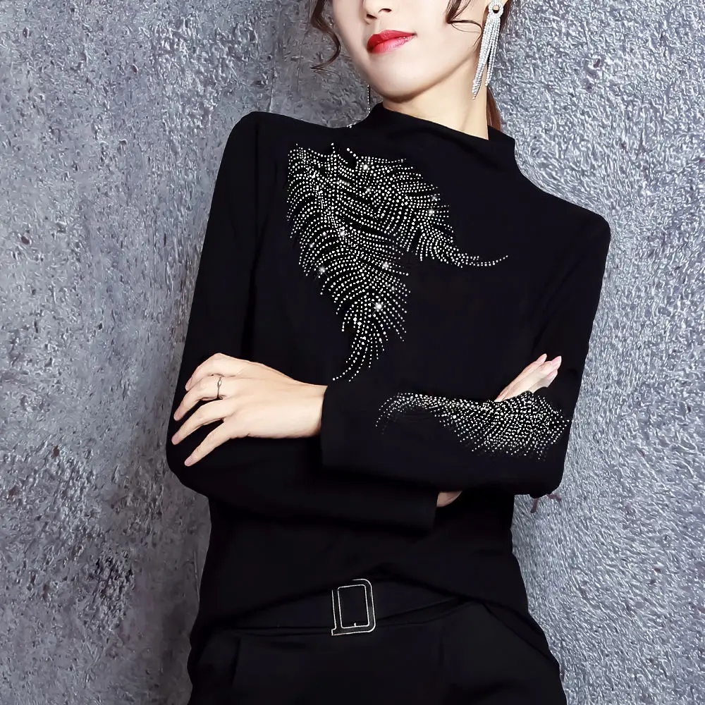 Half-hight Collar Bottoming Shirt Women's Winter Korean Fashion Hot Drilling Long-sleeved T-shirt Tops