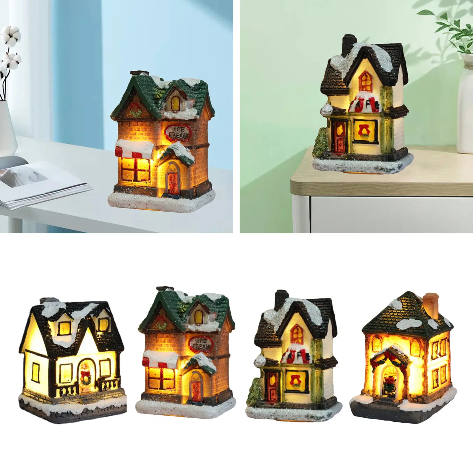 4pcs Vintage Style Resin Christmas House LED Light Miniature Village Set Xmas Home Table Desktop Festival Decor Gift