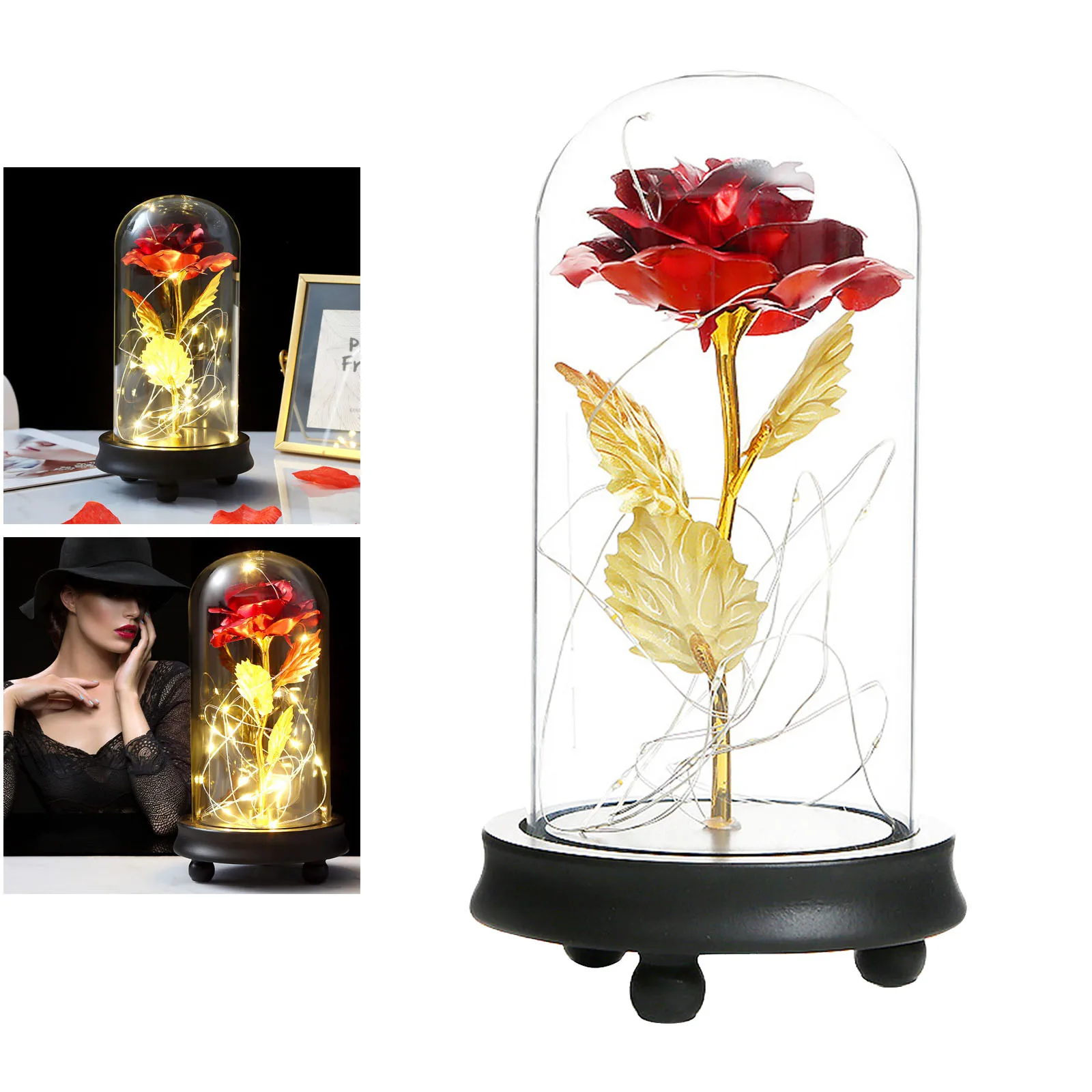 Enternal Rose Flower in Clear Glass Dome Flower LED Lamp Light with Wooden Base 22x11.4cm