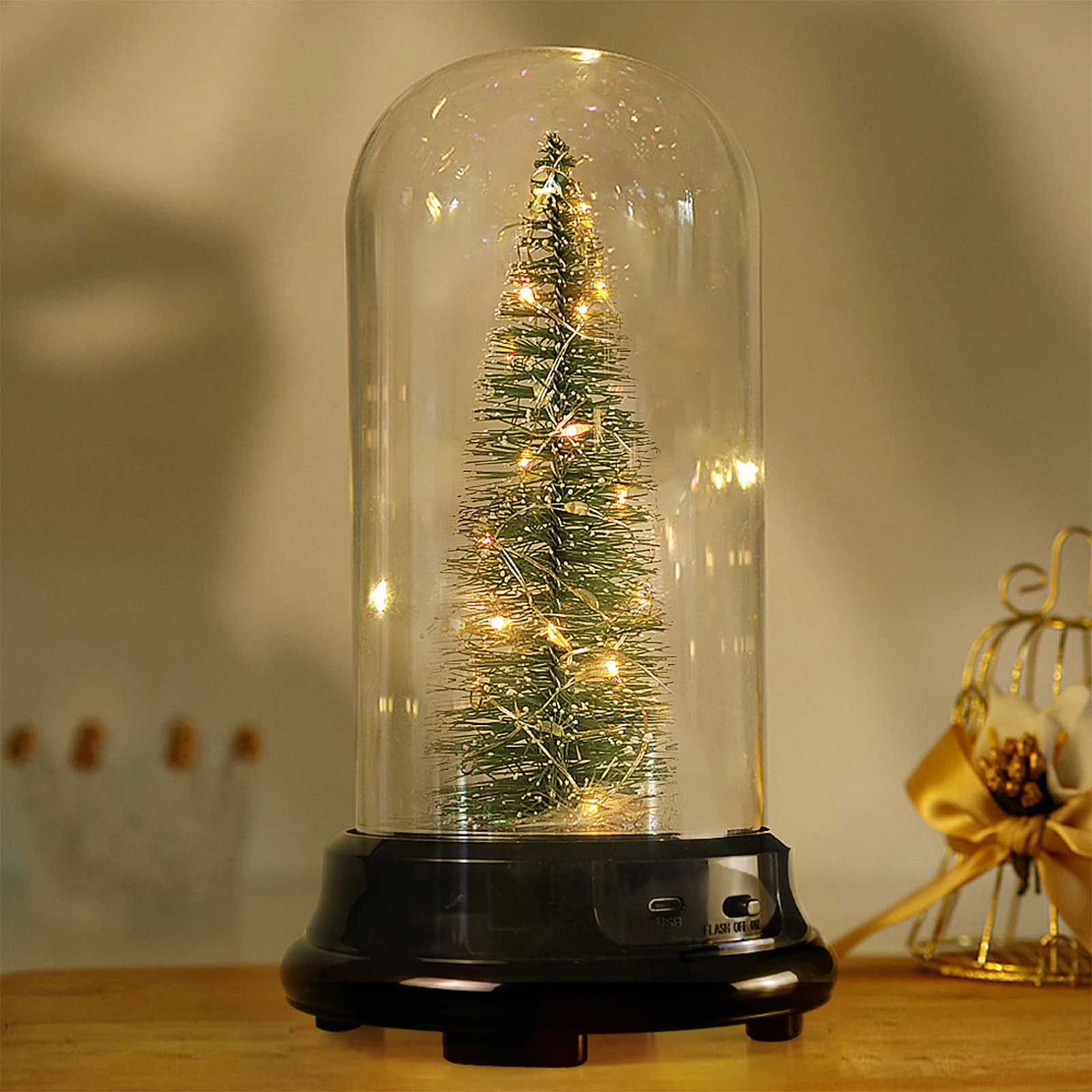 25cm Christmas Tree With LED Lights Ornaments Festival Table Decor Xmas Gift 