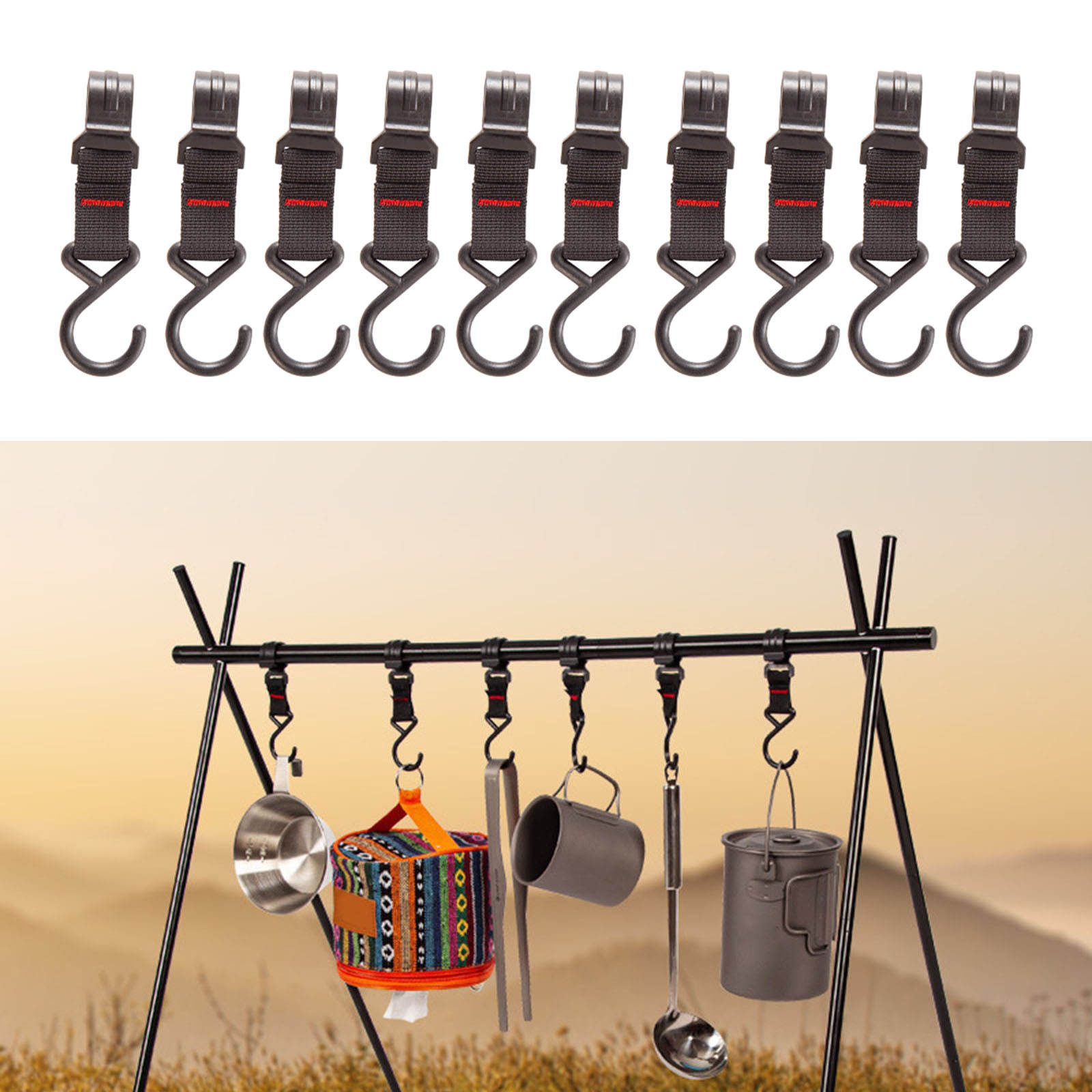 10PC Camping Hiking Snap Hanging Strap Hook Durable S Hook Outdoor Travel Kit Survival Buckle Tent Hanger