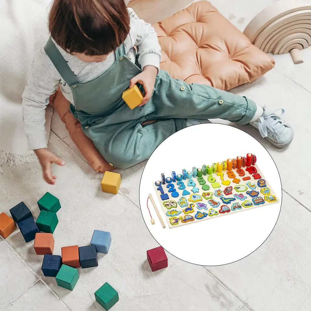 Fishing Game Stacking Blocks Math Portable Wooden Toys Busy Board for Learning Preschool Age 2 3 4 5 Year Old Toddlers Children