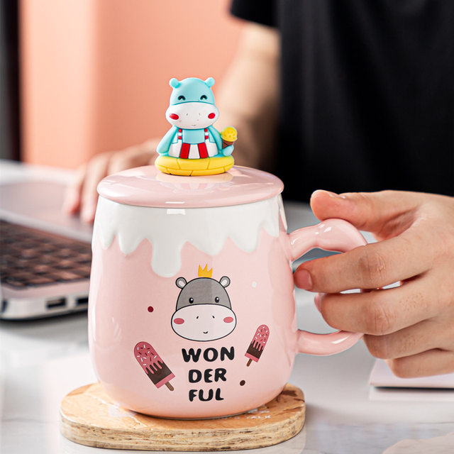 1pc 450ml Cute Coffee Mug For Girls With Lid & Spoon Ceramic Milk Breakfast  Cup, Cartoon Couple Mark Cup For Home Use