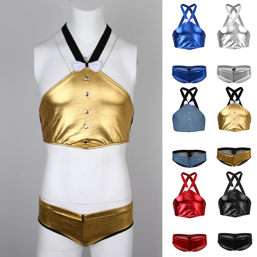 Men's Mentalic Halter Neck Body Chest Harness Belt Lingerie with Underpants