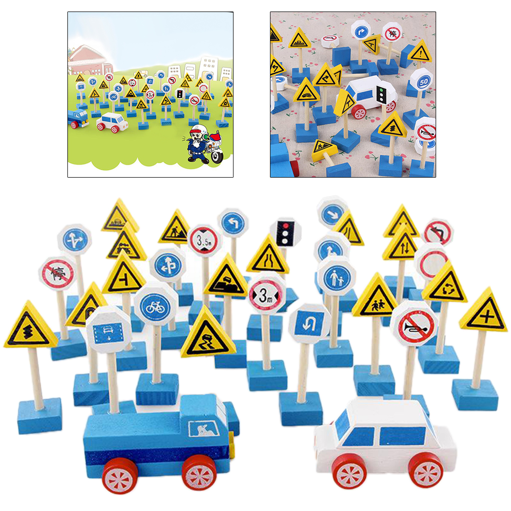 Traffic Signs Wood Wooden Toy Accessories Educational Playset Kids Play Toys