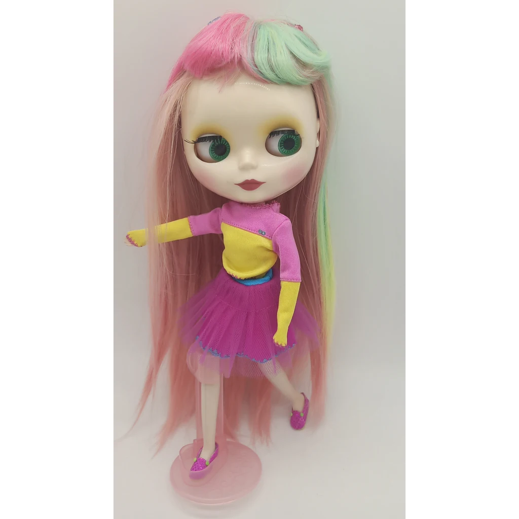 1/3 Long Straight Wig with Bang for    Blythe Doll DIY Accs Pink Green