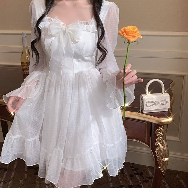 White Elegant Fairy Dress Women Patchwork Bow Sweet Vintage