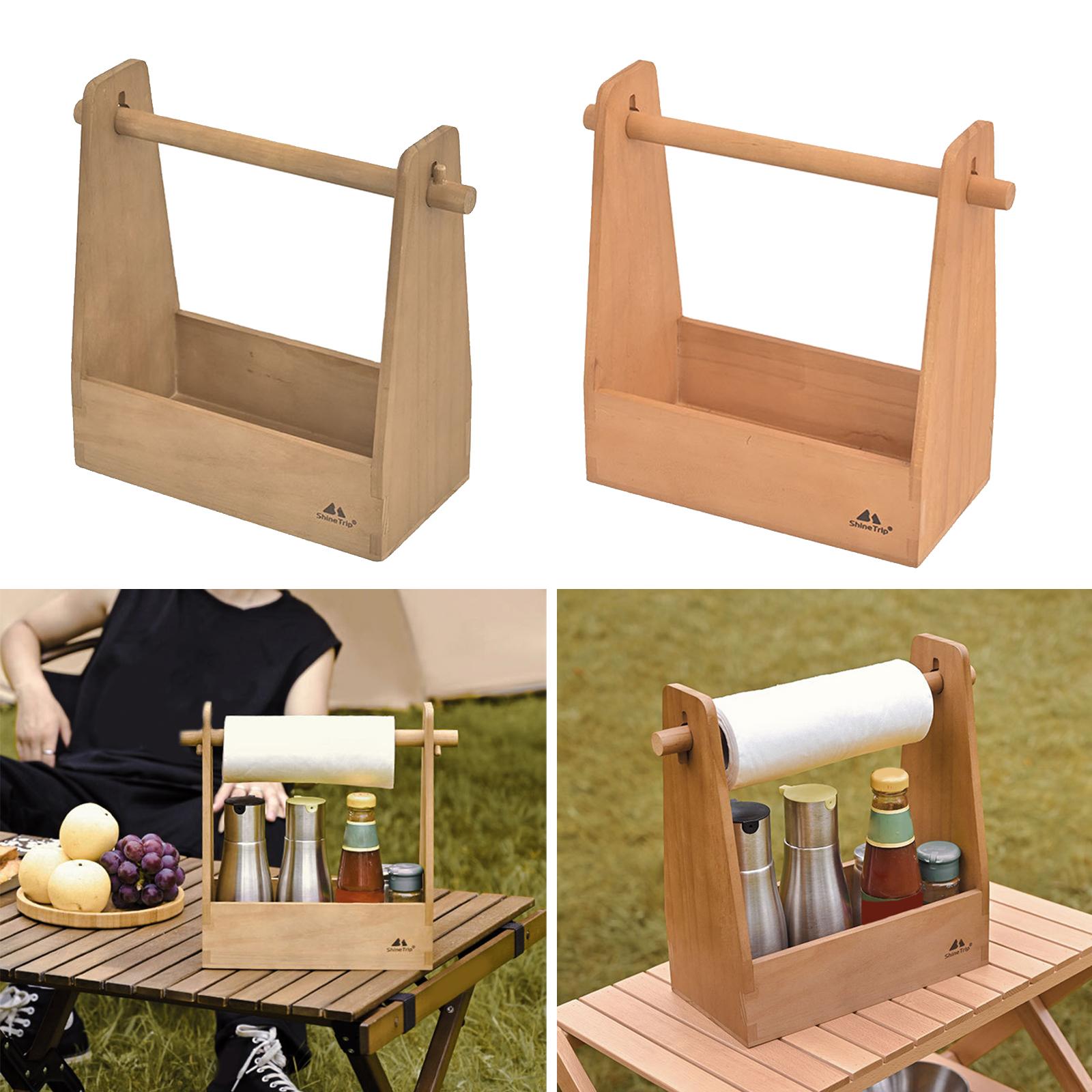 Outdoor Seasoning Box Protabel Pine Wood Retro Card Slot Handle Detachable Camping Picnic Home Storage Box Roll Paper Holder