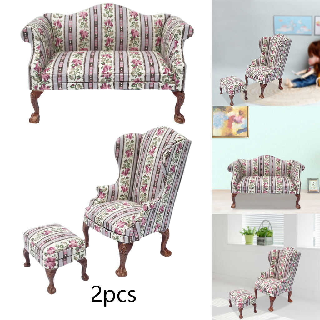 5 Dollhouse Sofa 1/12 Scale Furnish Floral Pattern Wooden Armchair Low Stool