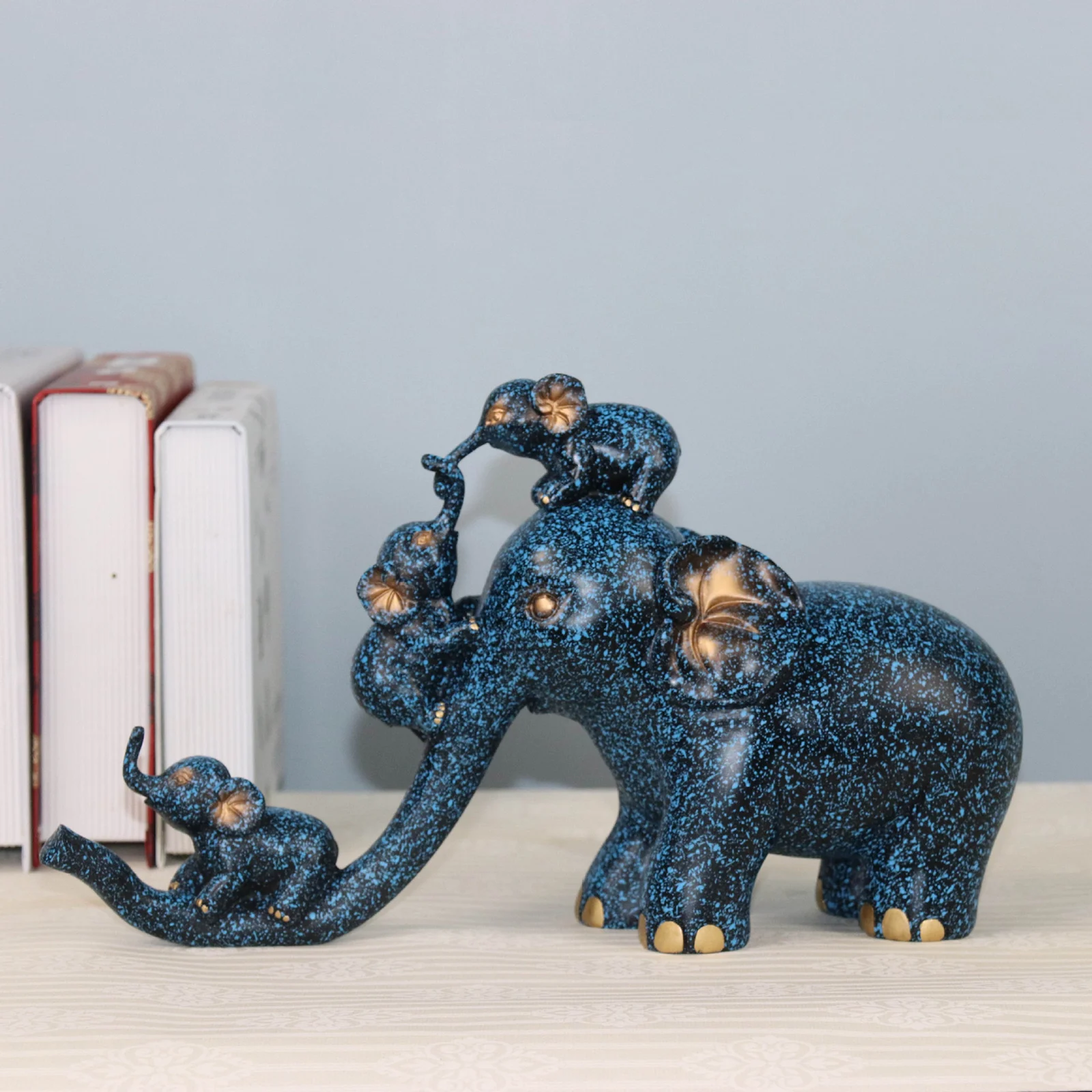 Elephant Mother and Babies Figurine Office Home Tabletop Animal Statue Decor