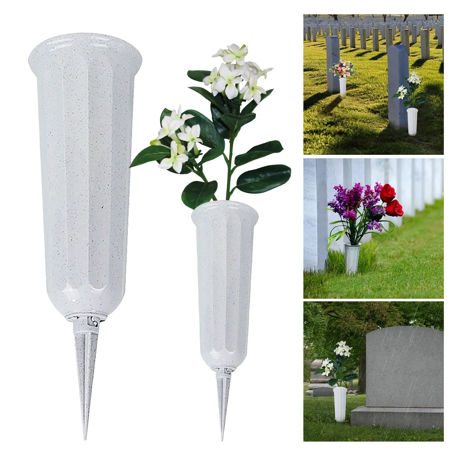 2Pcs 10.2" Plastic Stake In Ground Cemetery Grave Fluted Flower Vases Holder 