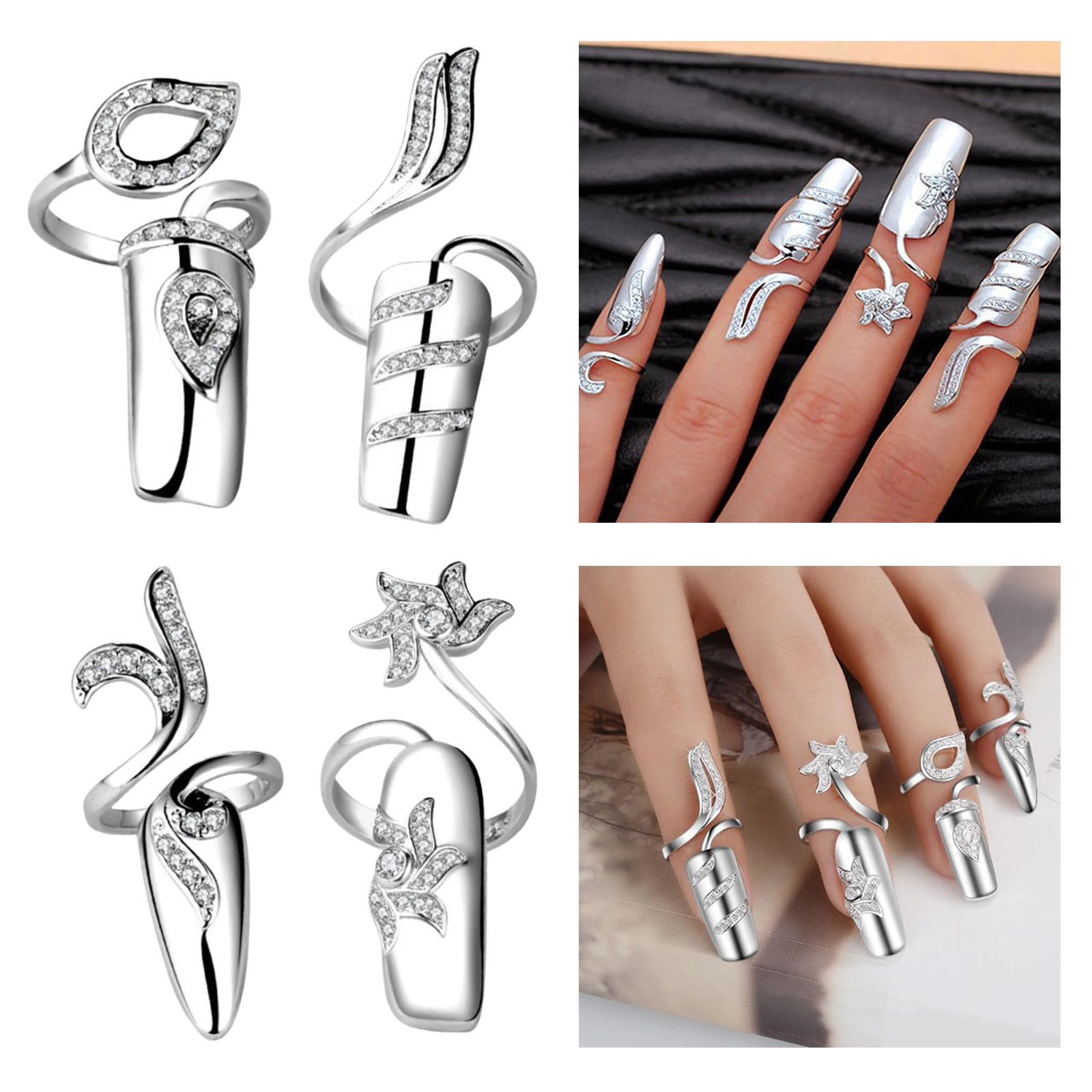 4 Pack Crystal Fingertip Opening Ring Fashion Nail Protection Cover Rings