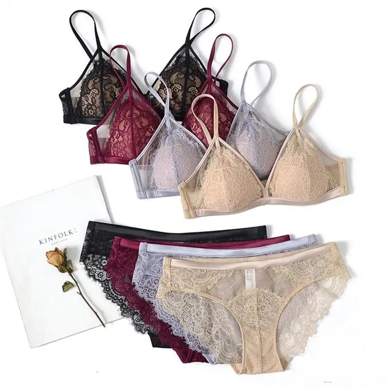 lace bra and panty sets Sexy French Non-Steel Ring Triangle Cup Lace Lingerie Set Thin Section Comfortable Breathable Gather Hollow Bras Underwear Women lace underwear set