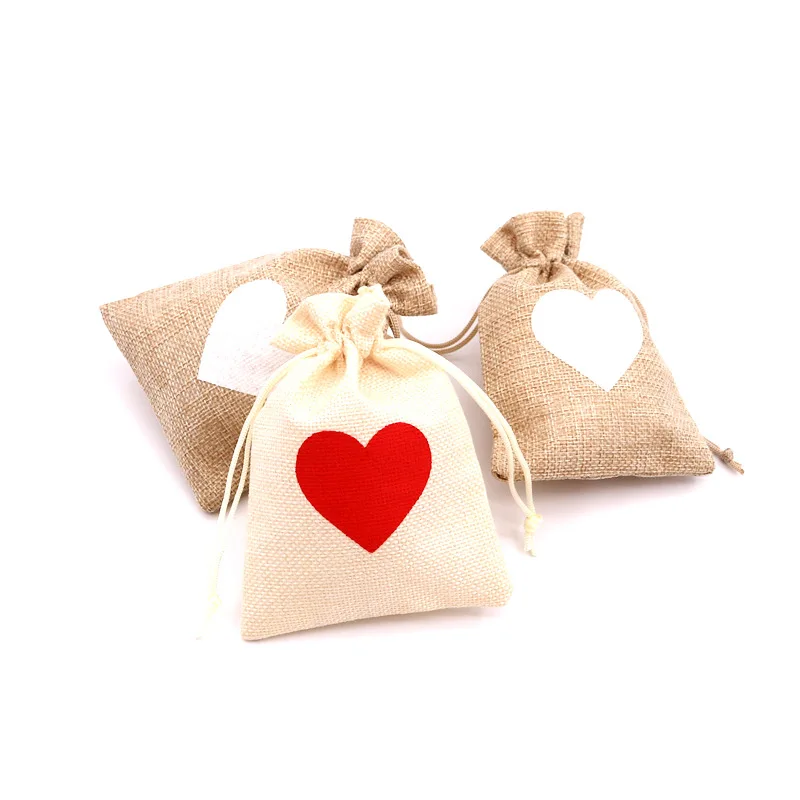 1-200pcs Vintage Love Heart Linen Drawstring Bag Wedding Burlap Candy Gift Bags 