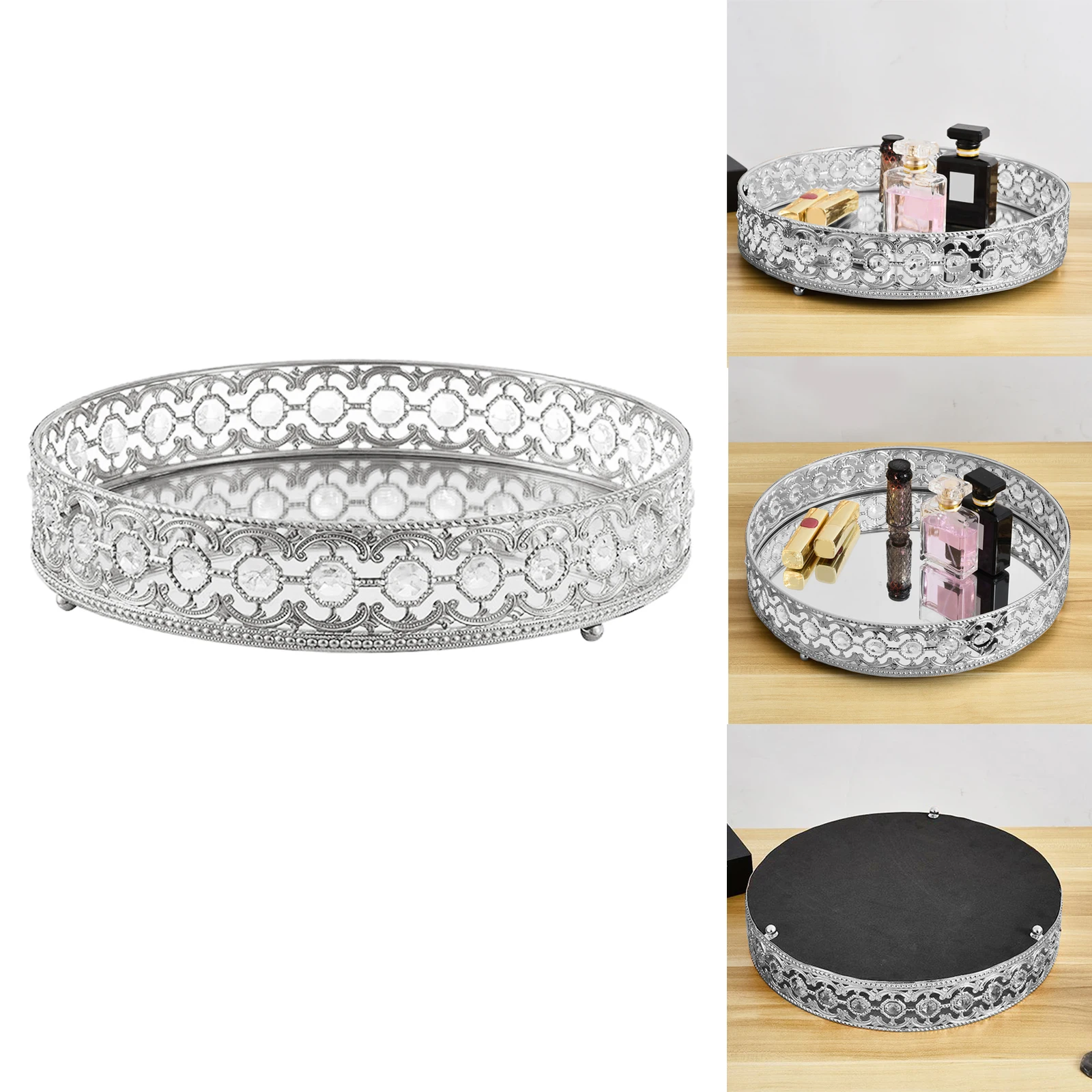 Silver Jewelry Tray Crystal Mirrored Makeup Tray Trinket Cake Display Decor